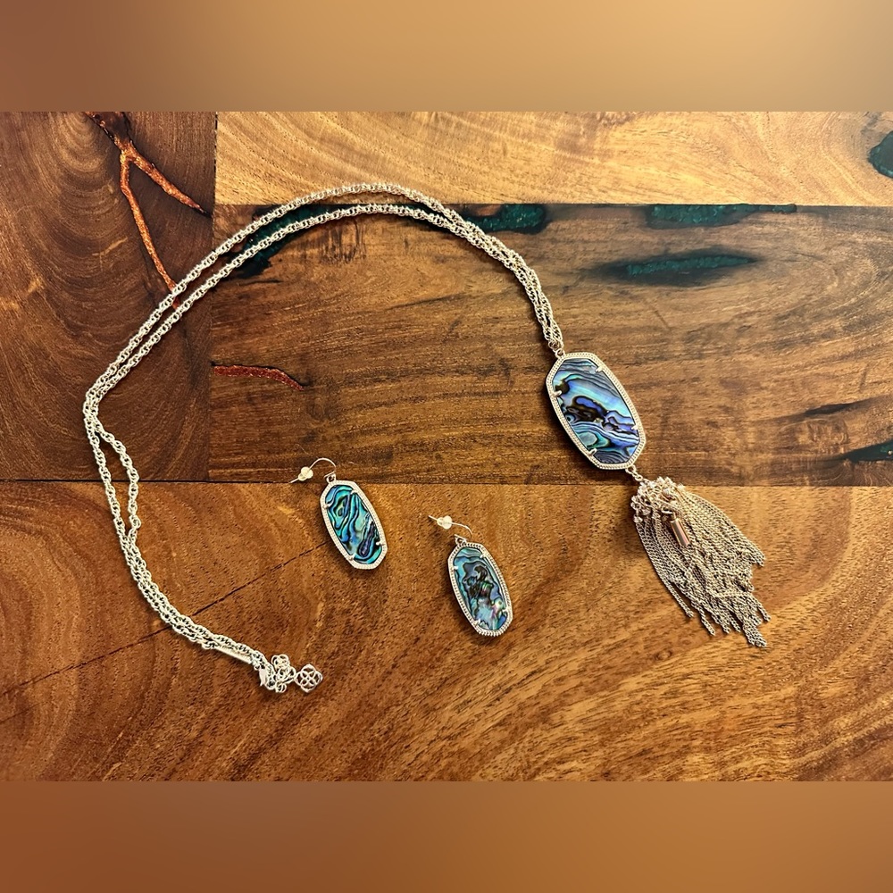 Kendra Scott Rose Gold Abalone shel long necklace and dangle earrings